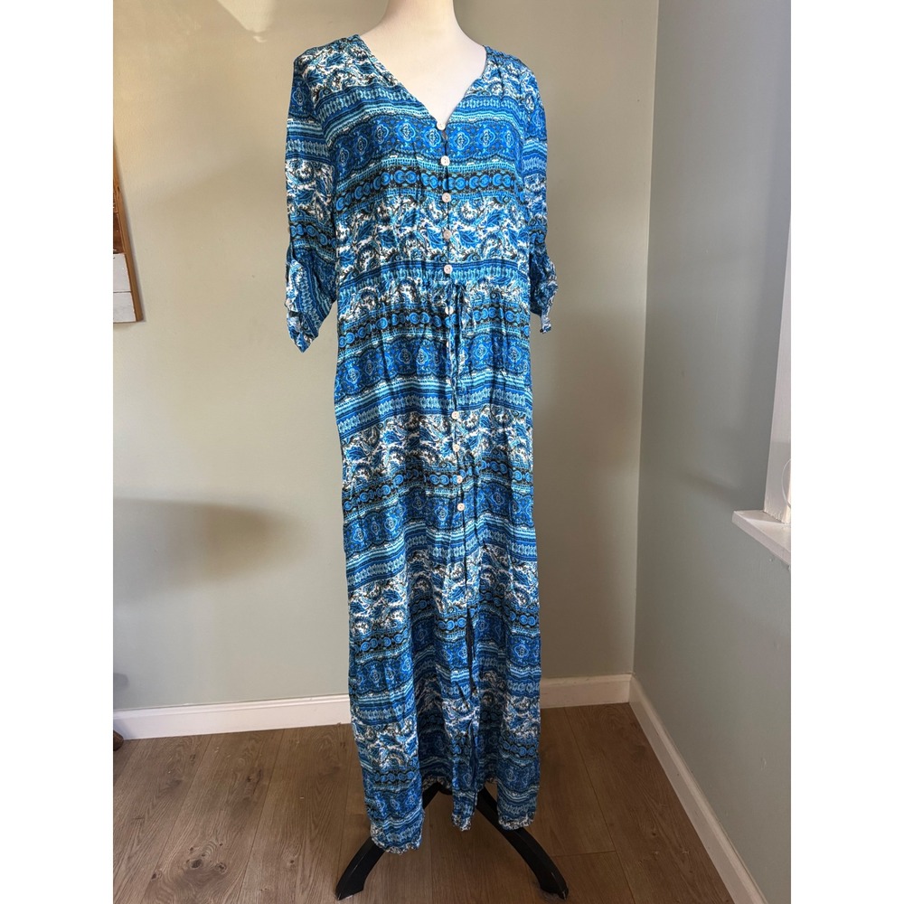 Blue Paisley Boho Button Maxi Dress XXL V-Neck Drawstring resort floral cottage
